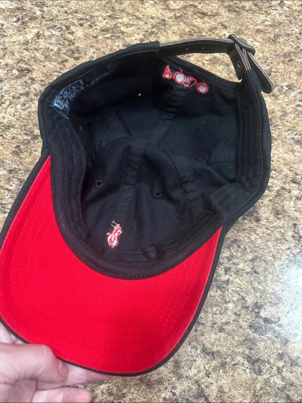 NWOT Ralph Lauren Black Baseball Cap with Red Pony Leather Adjustable Strap